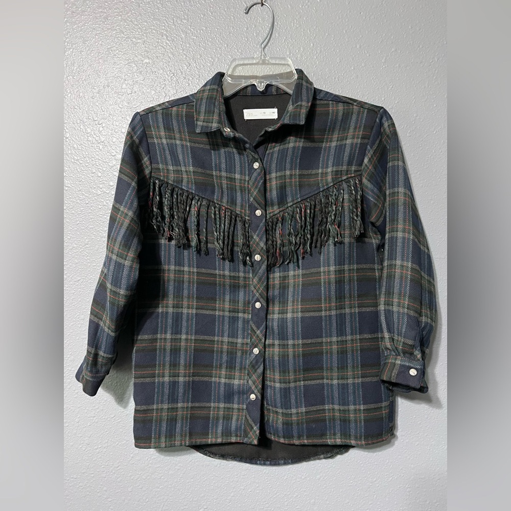 Zara Kids Girls Shirt Sz 10 Western Wear Pearl Snap Fringe Plaid Flannel Rodeo